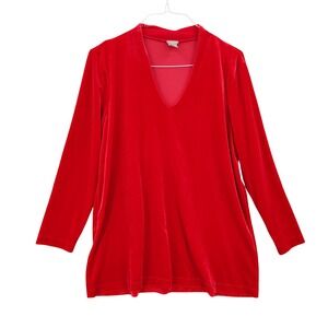 Chicos Women Holiday Festive Velvet V-Neck Tunic 3 XL Red Long Sleeve Top Soft